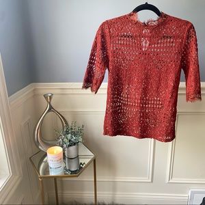 Zara Orange Sheer Lace Top High Neck Short Sleeve Size M